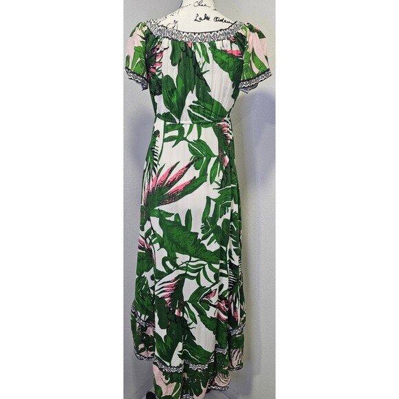 Flying Tomato Dress Tropical Print Off Shoulder Ruffle Hi-Lo Hem Midi Size Large - Picture 6 of 11